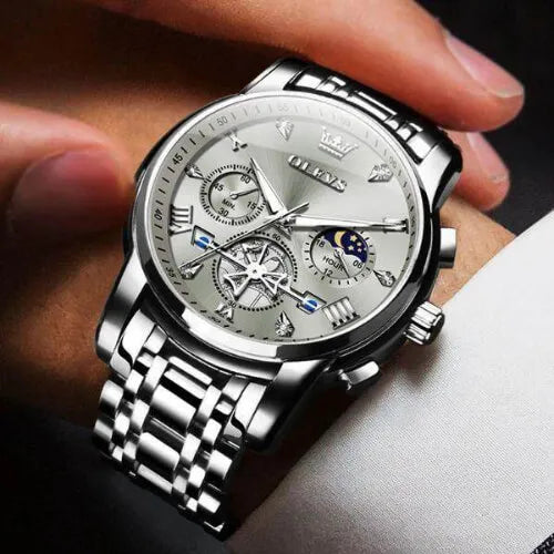 Luxury Majestic Silver men’s chronograph watch with moon phase, stainless steel bracelet and luminous hands – front close-up view