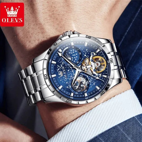 Men’s automatic mechanical watch Sky on wrist with luxury stainless steel bracelet.