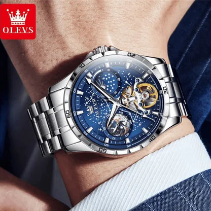 Men’s automatic mechanical watch Sky on wrist with luxury stainless steel bracelet.