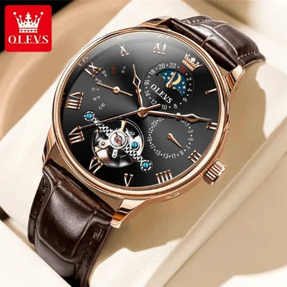 Luxury men’s automatic tourbillon watch in rose-gold with brown leather strap, black dial and moon phase display.