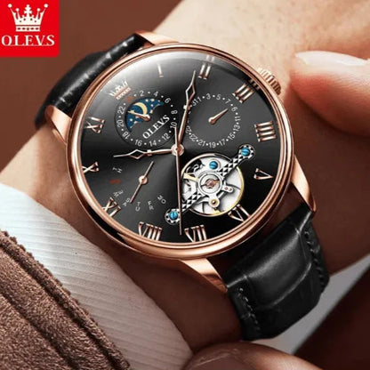 Elegant men’s rose-gold automatic watch with black leather strap, moon phase and open-heart tourbillon movement.