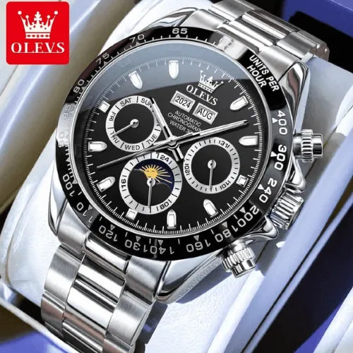 Luxury men’s automatic watch with black dial, silver stainless steel strap and chronograph functions displayed in detail.