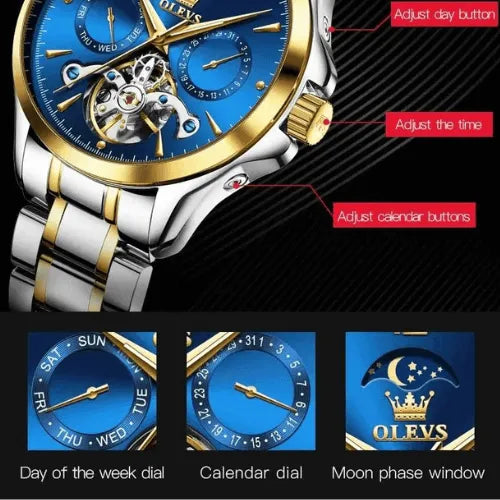 Detailed view of men’s automatic white dial watch showing moon phase, day dial, calendar and flywheel mechanism.