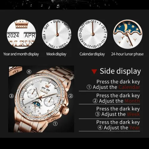 Rose gold luxury automatic men’s watch with guide showing calendar, week, month, and moon phase adjustment.