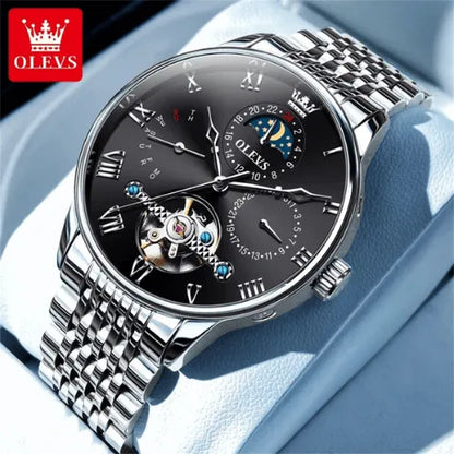 Silver Black luxury men’s automatic watch with tourbillon, displayed in a presentation box, stainless steel strap and moon phase dial.