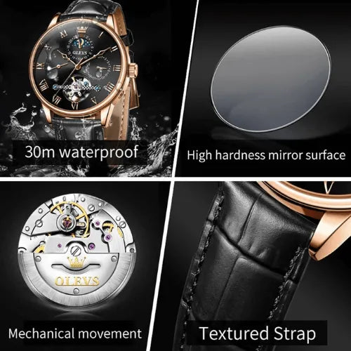 Close-up of rose-gold men’s mechanical watch with 30m waterproof resistance, moon phase, durable glass and leather strap.