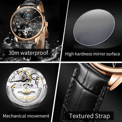 Close-up of rose-gold men’s mechanical watch with 30m waterproof resistance, moon phase, durable glass and leather strap.