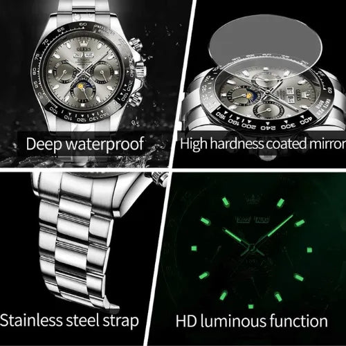 Men’s automatic chronograph watch with waterproof design, luminous hands, stainless steel strap and coated glass.