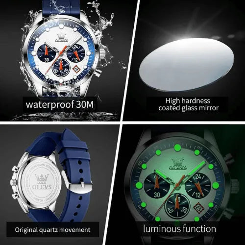 OLEVS chronograph sport watch with 30M waterproof design, luminous hands, and coated glass.