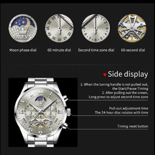 Sophisticated chronograph men’s watch in black stainless steel with moon phase display.