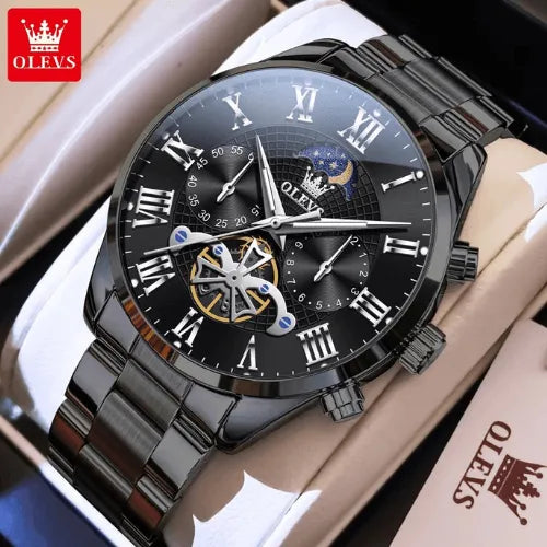 Luxury all black men’s watch with moon phase, chronograph dials and stainless steel strap.