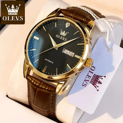 Automatic men’s wristwatch with black dial, golden stainless steel case and brown leather strap, in gift box.
