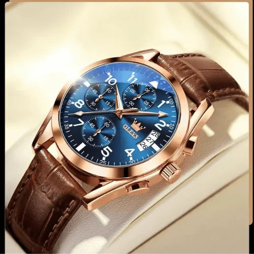 Stylish OLEVS men’s chronograph with blue dial, gold stainless steel case and brown leather strap.