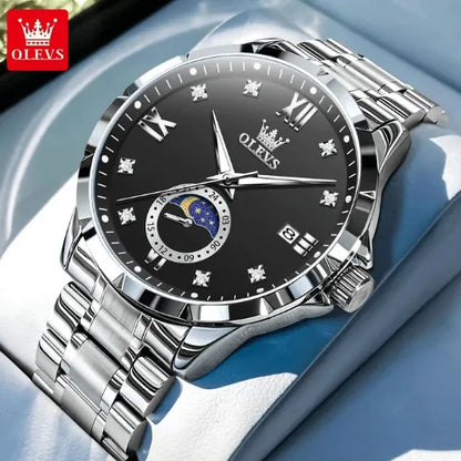 Luxury OLEVS business quartz watch with black dial, moon phase display and stainless steel bracelet.