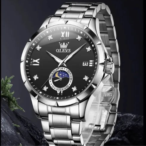 OLEVS men’s stainless steel business quartz watch with black dial and moon phase.