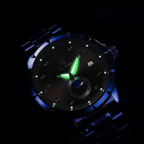 OLEVS business quartz watch glowing luminous hands and markers in the dark.