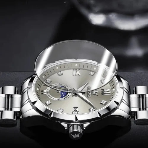 OLEVS quartz watch with scratch resistant sapphire crystal and stainless steel bracelet.