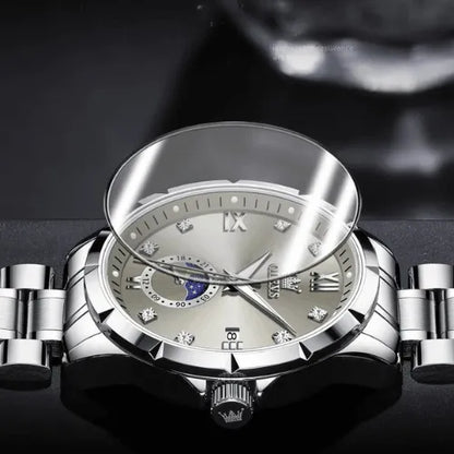 OLEVS quartz watch with scratch resistant sapphire crystal and stainless steel bracelet.