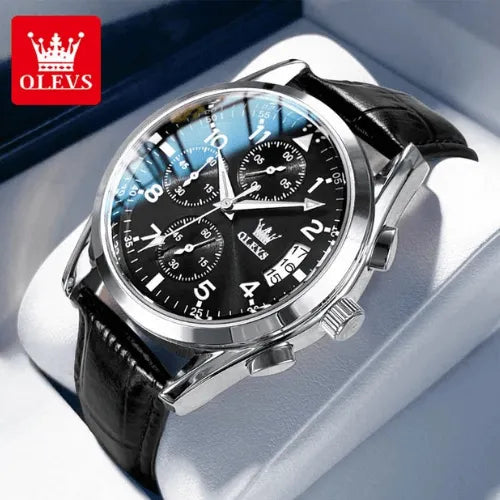Luxury OLEVS men’s chronograph wristwatch with black dial, multifunction sub-dials and black genuine leather strap.