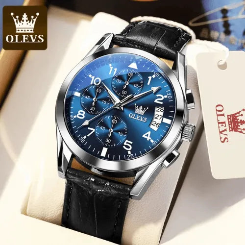 Elegant OLEVS men’s chronograph wristwatch with blue dial, multifunction sub-dials and black leather strap.