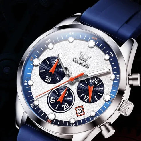 Front view of OLEVS men’s chronograph watch with white dial and blue sub-dials.