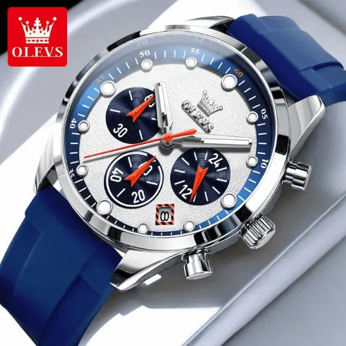 Close-up of OLEVS chronograph men’s watch with blue silicone strap and silver case