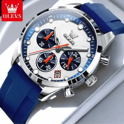 Elegant OLEVS men’s chronograph watch with blue strap and polished silver case.