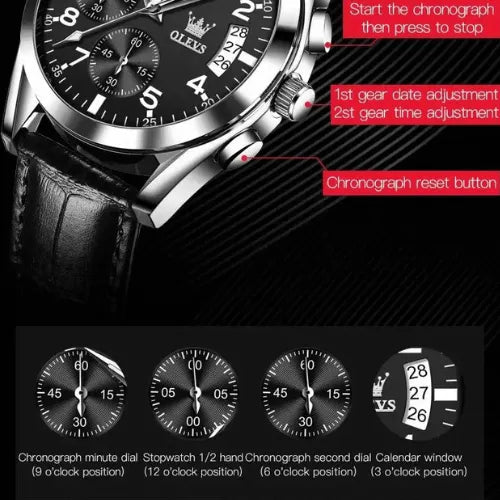 OLEVS men’s chronograph watch showing stopwatch, sub-dials, calendar window and reset button details.