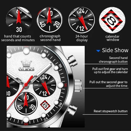 Close-up of OLEVS chronograph features with sub-dials for seconds, 24-hour display, and calendar window.