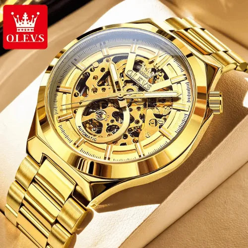 OLEVS gold skeleton automatic men’s watch with anti-scratch Hardlex crystal and polished golden stainless steel case.
