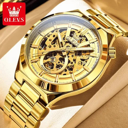 Luxury OLEVS gold skeleton automatic men’s watch with stainless steel strap and transparent dial design.