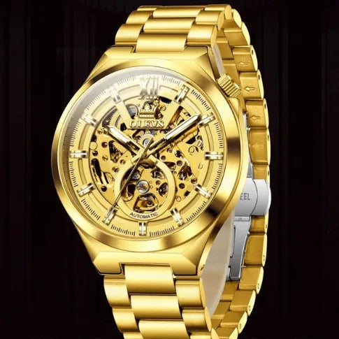 Classic OLEVS gold skeleton automatic luxury men’s watch with transparent dial and visible mechanical movement.