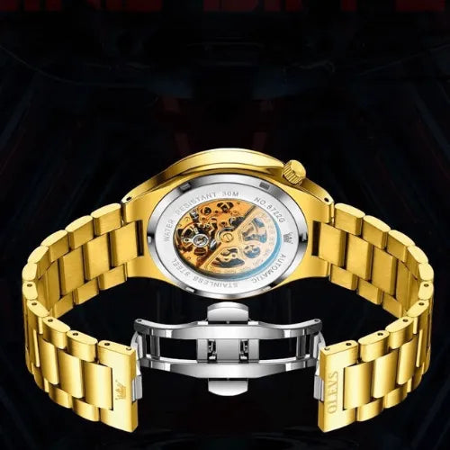 OLEVS gold skeleton automatic watch back view with visible mechanical movement and stainless steel clasp.