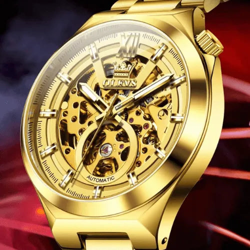 Premium OLEVS gold skeleton automatic luxury men’s watch with tourbillon-inspired dial and luminous hands.