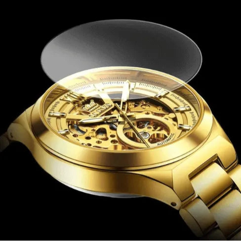OLEVS gold skeleton automatic men’s watch with anti-scratch Hardlex crystal and polished golden stainless steel case.
