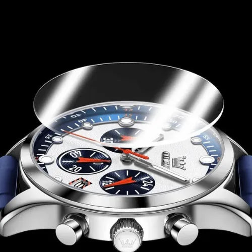 High hardness coated glass mirror detail of OLEVS sport chronograph watch.