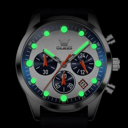 OLEVS men’s chronograph watch with luminous green markers and hands, grey dial and silicone strap.