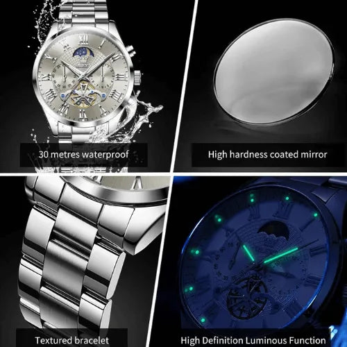 Waterproof men’s moon phase watch with luminous hands, scratch-resistant glass and chronograph sub-dials.