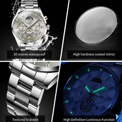 Waterproof men’s moon phase watch with luminous hands, scratch-resistant glass and chronograph sub-dials.