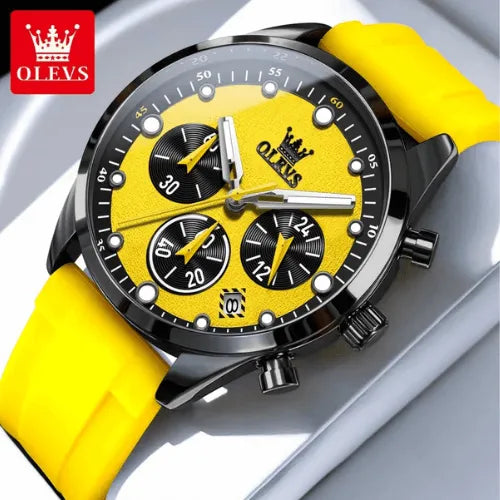 uxury OLEVS men’s chronograph watch with yellow dial and silicone strap.