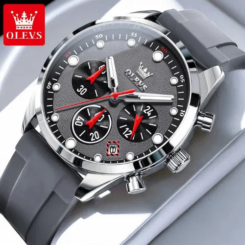 Close-up of OLEVS men’s watch with grey dial, chronograph sub-dials and grey silicone strap