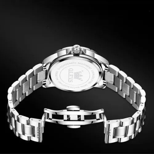Durable OLEVS business quartz watch with stainless steel case back and hidden clasp.