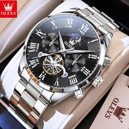 Stylish men’s silver and black stainless steel watch with moon phase and chronograph function