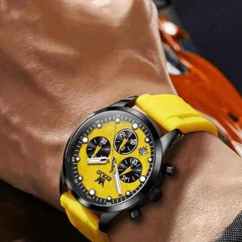 OLEVS men’s sport watch with bold yellow strap, worn on wrist for a modern look.