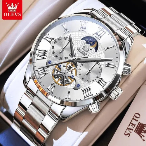 Sophisticated OLEVS men’s moon phase watch with white dial and stainless steel strap, presented in case.