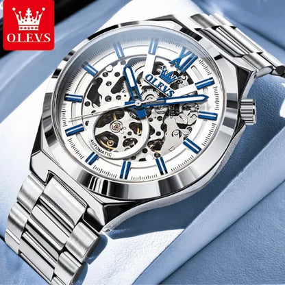 Luxury White Skeleton Automatic wristwatch displayed on hand with stainless steel strap.
