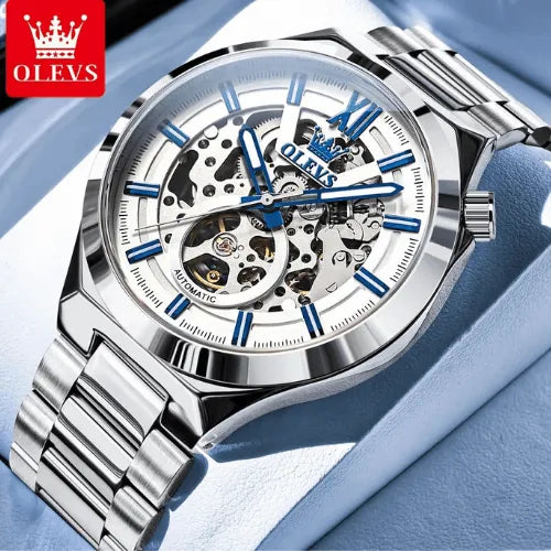 Luxury White Skeleton Automatic wristwatch displayed on hand with stainless steel strap.