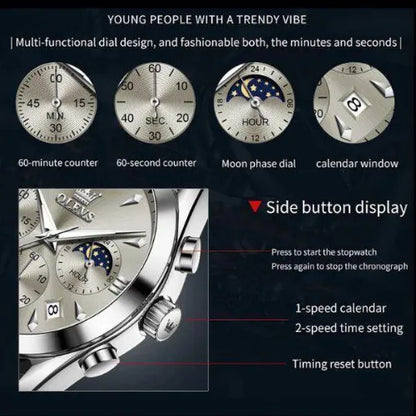 Functional diagram of the OLEVS Prestige Chronograph Black Silver watch showing 60-minute and 60-second counters, moon phase dial, date window, and side button functions for stopwatch and time adjustment.