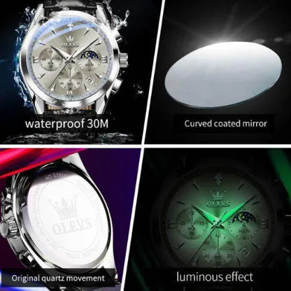 Feature collage of the OLEVS Prestige Chronograph Black Silver watch highlighting 30-metre water resistance, curved coated mirror, luminous dial, and original quartz movement.