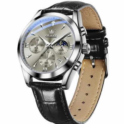 Full view of the OLEVS Prestige Chronograph Silver White watch highlighting its silver dial, moon phase sub-dial, date display, and genuine black leather strap with polished silver buckle.